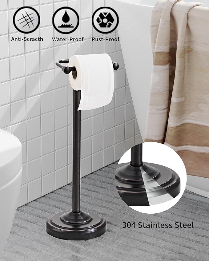 WZKALY Toilet Paper Holder Stand, Oil Rubbed Bronze Toilet Paper Holder Free Standing, Post Pivoting Design & Stable Weighted Base SUS304 Stainless Steel for Bathroom（Mega Roll）