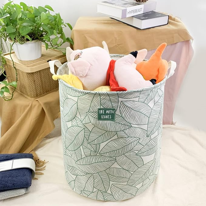 Mziart Large Foldable Laundry Basket Organizer, Collapsible Laundry Hamper Fabric Clothes Toy Storage Basket Nursery Hamper Storage Bin for Household Bedroom, Bathroom, College Dorm (Big Green Leaf)