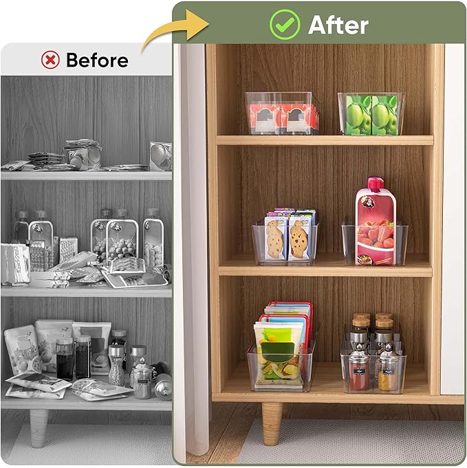 BALEINE Clear Plastic Storage Bins with 3 Removable Dividers, Pantry Organization, BPA Free Stackable Refrigerator Organizers and Storage for Kitchen Fridge Cabinet Bathroom (10.5x6.1x3.5, 6PK)