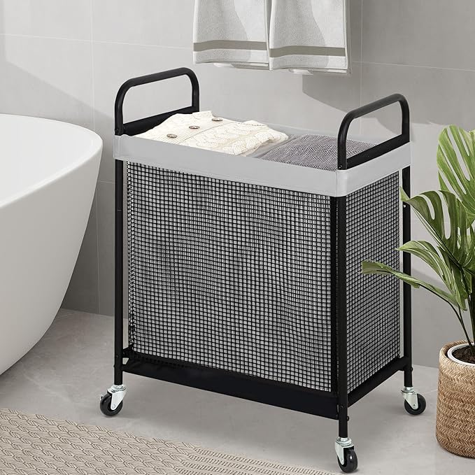 STO STO Laundry Hamper 2 Section, 100L Rolling Laundry Sorter Cart with Removable and Washable Liner Bag, Clothes Hamper with Wheels and Metal Handle for Laundry Room and Bedroom, Gray