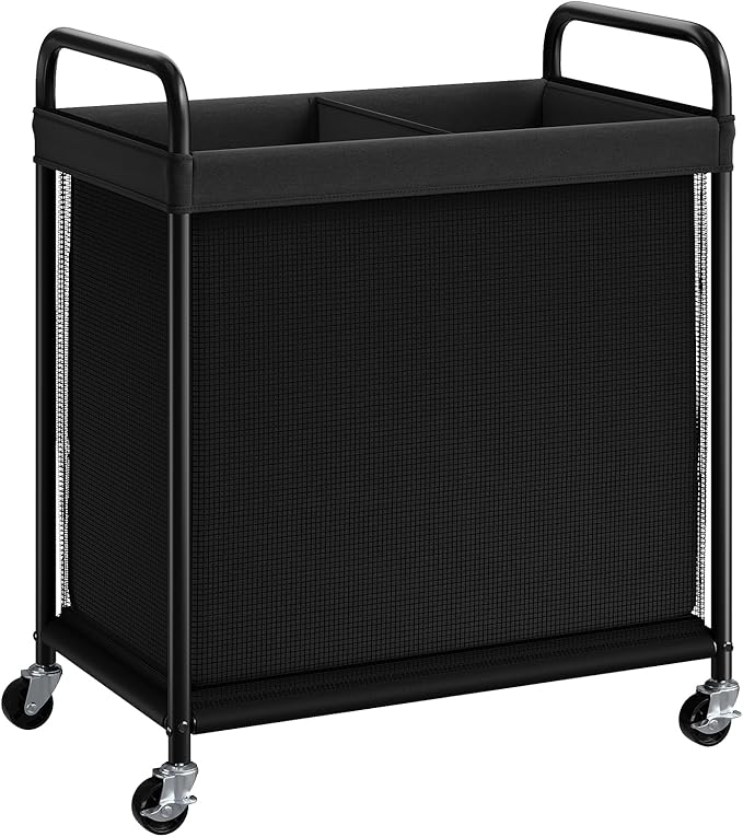 ELYKEN Laundry Hamper 2 Section, 100L Rolling Laundry Sorter with Removable Liner Bag, Laundry Basket with Wheels, Steel Frame with Metal Handle, Clothes Hamper Cart for Laundry Room & Bedroom