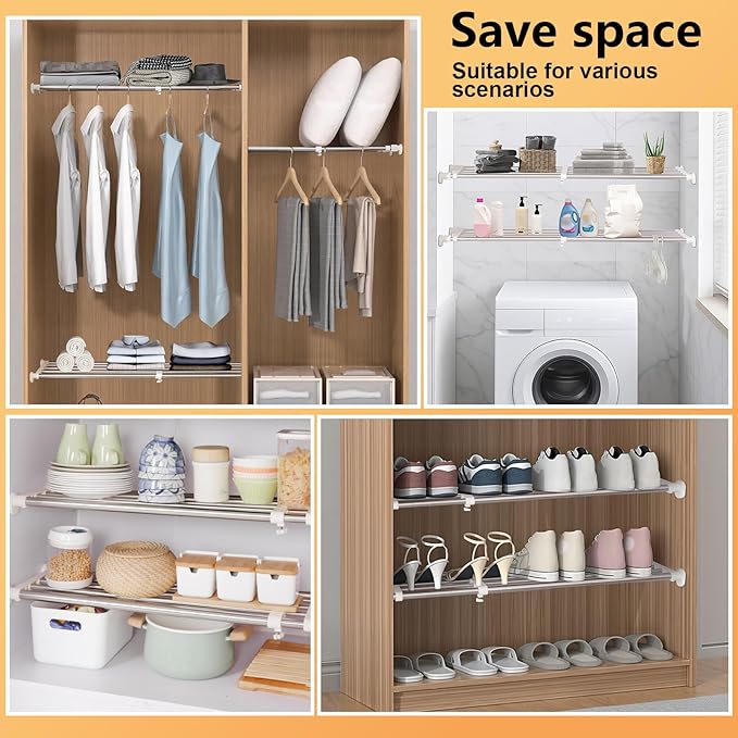 BAOYOUNI Tension Closet Shelf, Adjustable Storage Rack Separator Wardrobe Cupboard Divider Organizer Rod for Kitchen Bathroom Bedroom, 23.62-39.37 Inch