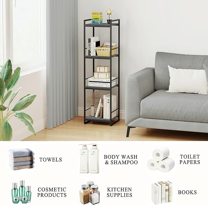 BYFU 4 Tier Bathroom Storage Open Shelf, Freestanding Metal Corner Storage Rack Shelving Unit for Bathroom Kitchen Living Room Hallway, Grey