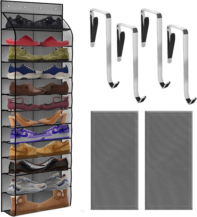 PAULONE 12 Pocket Over the Door Shoe Organizer,Reusable Breathable Large Mesh Bag Men's & Women's Sneaker Organizer,Shoe Organizer for Kids,Hanging Shoe Storage Hanging Bag (Gray)
