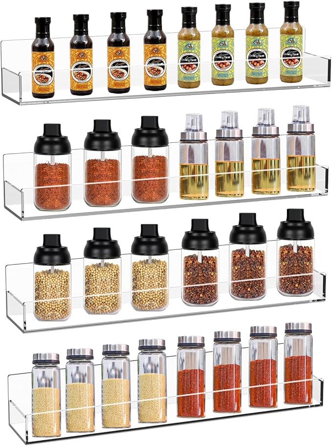 Clear Acrylic Spice Rack Wall Mounted 15 inch Floating Shelf with Removable End Guards for Kitchen Cabinet Door Cupboard Bathroom Holds Jars Nail Polish Books Toiletries (4 PCS)