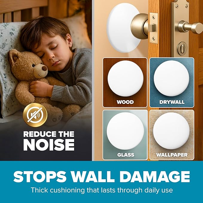 Strongest Home Wall & Door Handle Stopper 3.15" Set of 6 Pieces White Rubber Door Knob Round Wall Shield Cushion, Quiet Wall Protector for Door Handle, Guard Door Bumper Wall - Self Adhesive