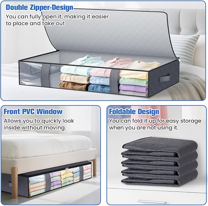 Under Bed Storage Containers, 4 Pack Blanket Storage Bags, Collapsible Storage Bags with Big Zippers, Clear Front, Shoe Storage and Organization for Clothes, Comforter, 90L, Grey