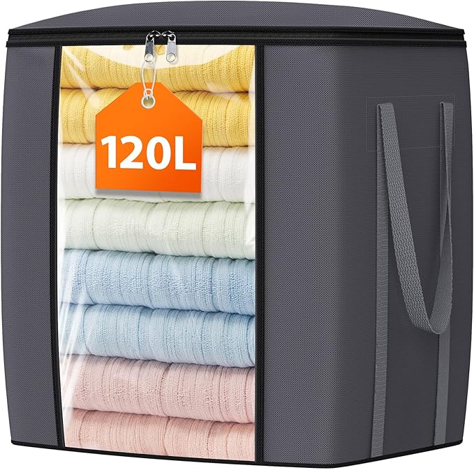 120L Extra Large Clothes Storage Bags, Foldable Blanket Storage and Organization, Thick Fabric Containers with Reinforced Handles & Zippers for Clothing, Comforters, Bedding, Gray, 1 Pack