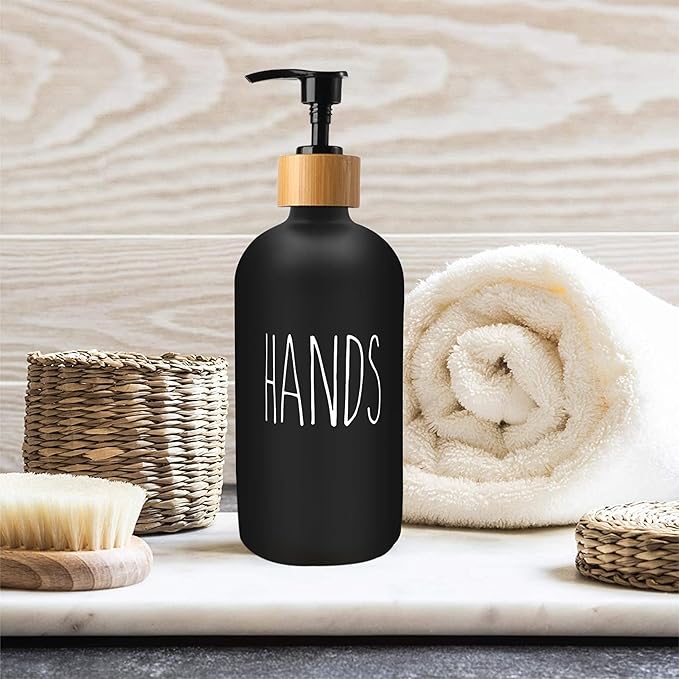 16 OZ Thick Black Glass Soap Dispenser, Bamboo Pump with Tray 2 Pack, Hand and Dish Soap Dispenser Set for Bathroom with 6 Waterproof Labels