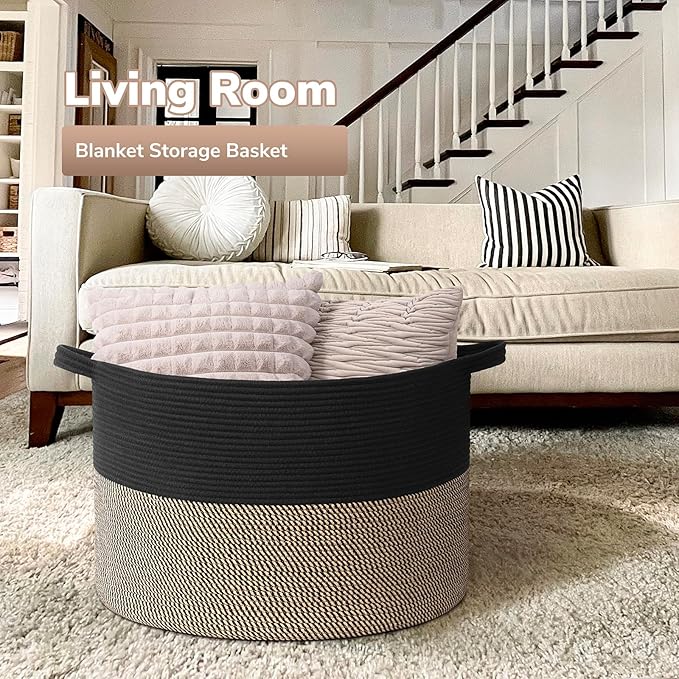Goodpick 115L Extra Large Blanket Basket, 23.5"x23.5"x15.8" Woven Rope Basket for Storage, Kids Toy Storage for Nusery Room