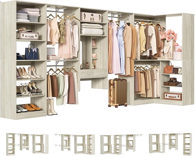 Unikito Closet System with Vanity Desk, 156”Modular Corner Closet Organizer System with Hanging Rods & Adjustable Shelves, Freestanding Wood Wardrobe Organizer, Sturdy Walk in Closet Tower, White Oak