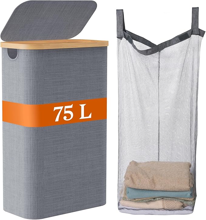 Laundry Basket with Lid, 75L Laundry Hamper with Removable Bag, Travel Dirty Clothes Basket with Bamboo Handles for Bathroom, Bedroom & Laundry Room, Grey