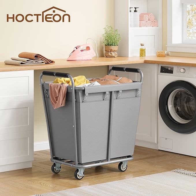 Hoctieon Large Laundry Cart with Wheels, 300L Heavy Duty Laundry Basket Organizer, Rolling Hamper Sorter for Clothes Storage, Industrial Dirty Clothes Hamper for Home & Hotel, Gray