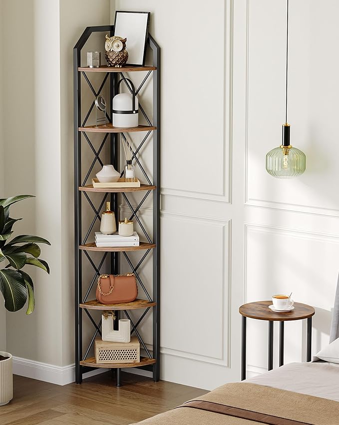 6-Tier Corner Shelf, Industrial Corner Bookshelf, 71.2" Corner Storage Stand, Plant Stand Display Shelf, Corner Bookcase for Bedroom, Living Room, Home Office, Rustic Brown and Black TCJ11BF
