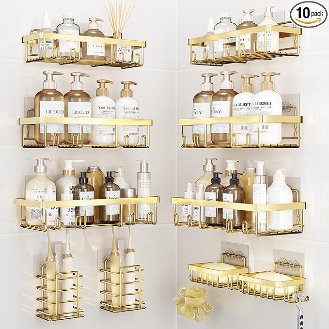 10 Pack Shower Caddy Organizer Rack Shelf for Inside Shower, Self Adhesive Wall Storage Basket Rustproof Stainless Steel Shampoo Holder Bathroom Accessory Decor Set, Gold