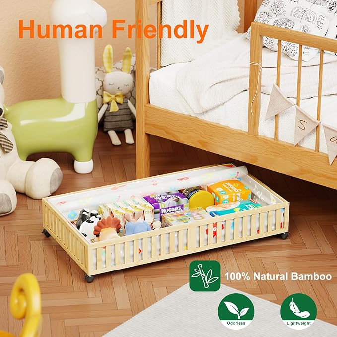 Bamboo Under Bed Storage Containers with Wheels, 40L UnderBed Drawers with Dust Bag, Breathable Under Bed Shoe Storage, Rolling UnderBed Clothes Storage, 1Pack