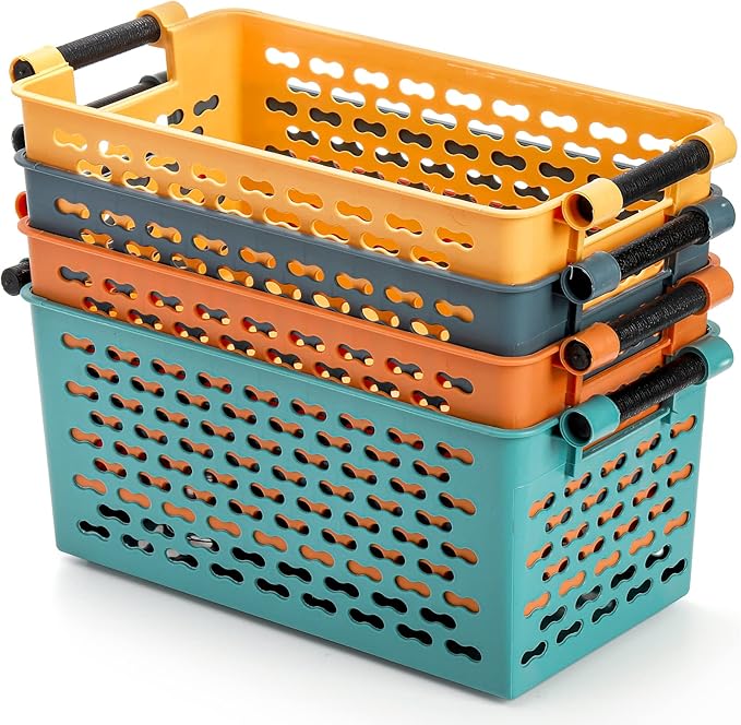 Yesland 8 Pack Plastic Storage Basket for Shelves, 12 x 6 x 5 Inches Basket Organizer Bin with Handles Sturdy Closet Baskets for Home Office Closet - Yellow, Orange, Blue, Green