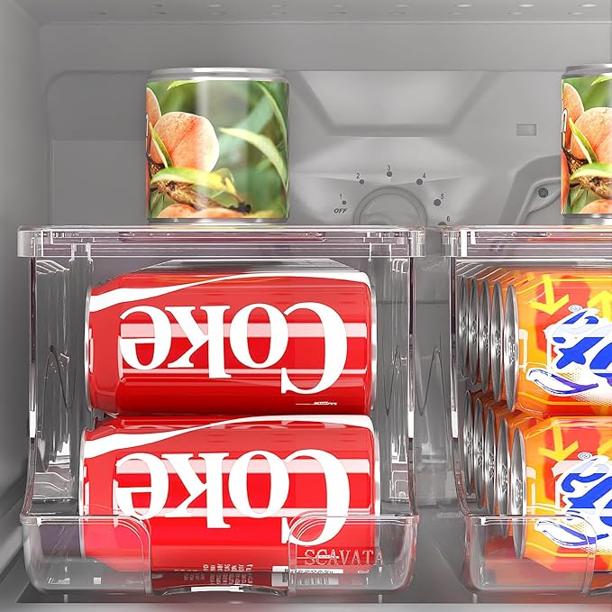 2 Pack Stackable Refrigerator Organizer, Soda Can Dispenser Pop Cans Container Beverage Holder with Lid for Fridge, Freezer, Kitchen, Clear Plastic Storage Bins-Holds 10 Cans Each