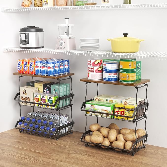 3 Tier Countertop Fruit Basket Bread Bowl with Wooden Top for Kitchen, Stackable Vegetable Potato Onion Storage Wire Basket with Banana Hangers, Black