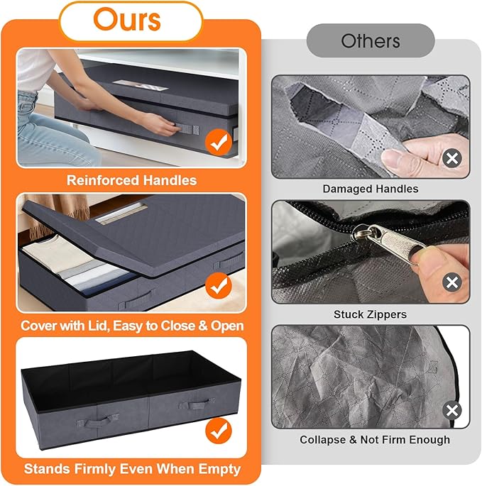 Under Bed Storage Containers with Lids - 2 Pack, Foldable and Stackable Clothes Storage Bags with Clear Window, 3-Sided Handles and Label Slot for Clothing, Blankets, Pillows (Grey)