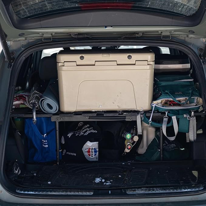 Mini Rack- Trunk Shelf Organizer, Universal Fit Car Storage Accessory for SUV, Hatchback & Minivan Owners, Compact Trunk Organizer Storage Rack, Camping Table & Kids' Sleeping Pad