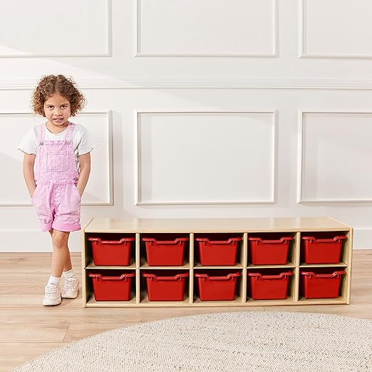 ECR4Kids Scoop Front Storage Bins, Multipurpose Organization, Red, 10-Piece