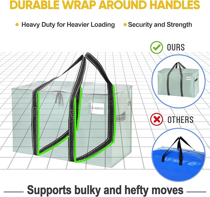 VENO 10 Pack Moving Bags and Large Christmas Storage Bins with lids. Alternative to Moving Boxes, Packing Supplies for College. Extra Large Heavy Duty Totes for Packaging (Shiny Light Green, 10 Pack)