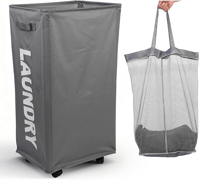 90L Laundry Basket with Wheels,Laundry Hamper with Removable Wash Bag, Rolling Clothes Hamper, Foldable Dirty Clothes Basket on wheels for Bedroom, Dorm, Laundry Room, Grey