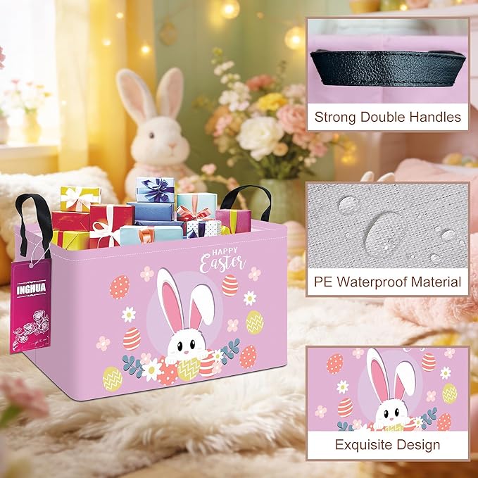 Rectangular Storage Basket Fabric Organizer Bin for Toys,Books,Clothes,Gifts,Pets-Perfect for Home,Office,Nursery,Dorm,Shelf(Rec-Easter rabbit)