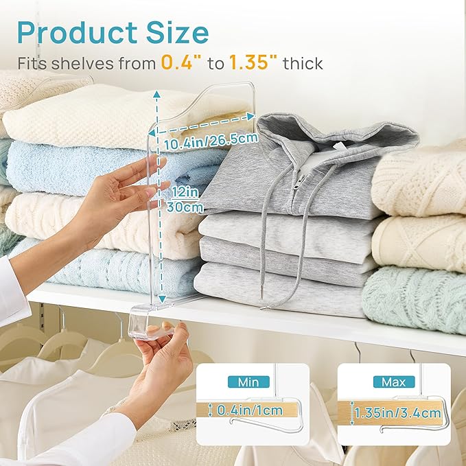 Vtopmart 8 Pack 12in Height Shelf Dividers for Closet Organization, Clear Plastic Closet Shelf Dividers of Upgrade Height for Maximizing Vertical Space Storage, Organizing Sweater, Jeans, Shirts, Bags