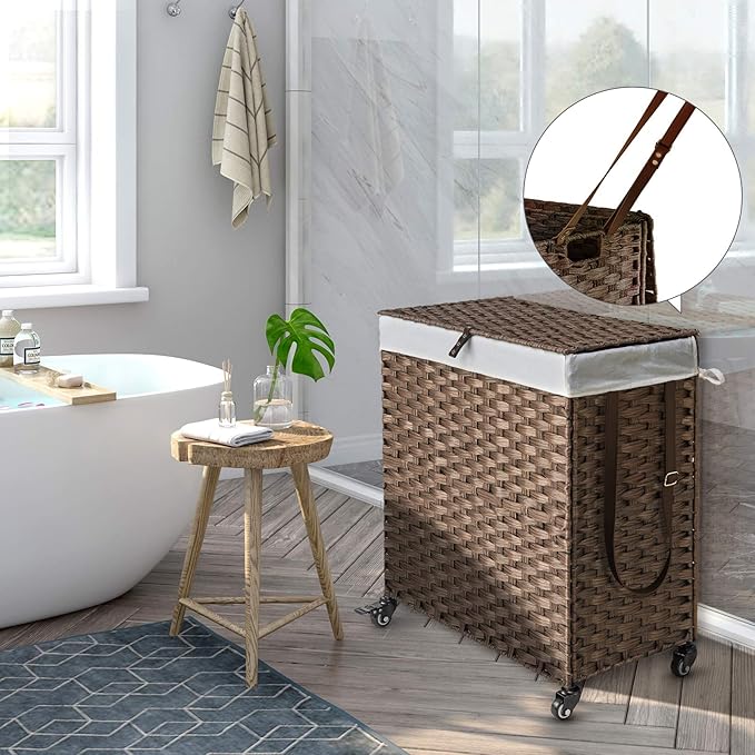 Greenstell Laundry Hamper with Wheels, No Install Needed, 90L Divided Handwoven Hampers & 2 Removable Liner Bags, Synthetic Rattan Clothes Laundry Basket with Lid & Handles, Foldable Hampers Brown
