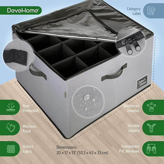 2 Pack Shoe Organizer for Closet, Foldable Fabric Shoe Storage Box with Adjustable Dividers and Clear Dustproof Cover, Large Collapsible Shoe Bins & Containers, Holds up to 32 Pairs, Gray