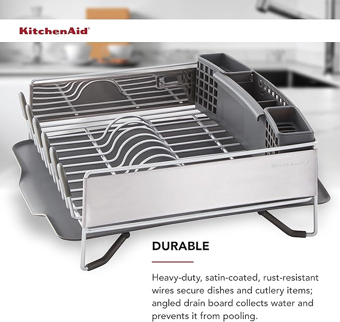 KitchenAid Compact, Space Saving Rust Resistant Dish Rack with Removable Flatware Caddy and Angled Self Draining Drainboard, 16.06-Inch, Black