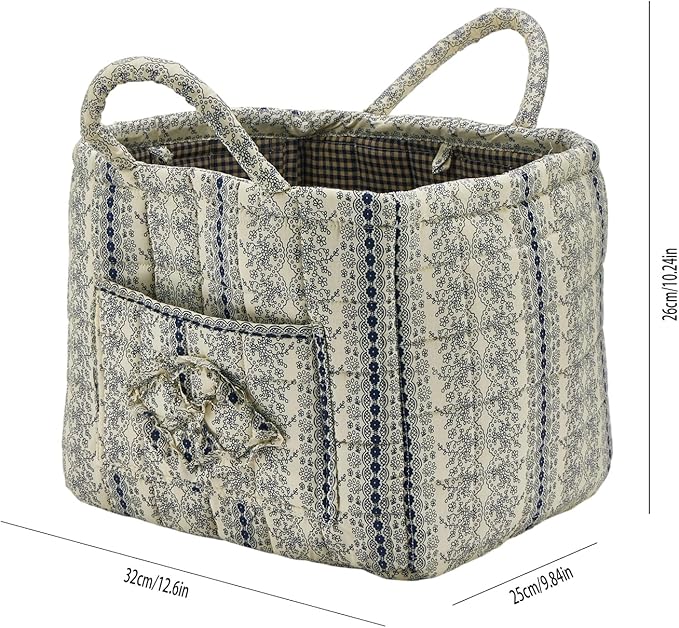 Quilted Fabric Storage Basket with Handles & Pocket, Foldable Laundry Hamper Boho Floral Print Organizer Bin for Home, Picnic, Office 12"x10"x10" (B-4)