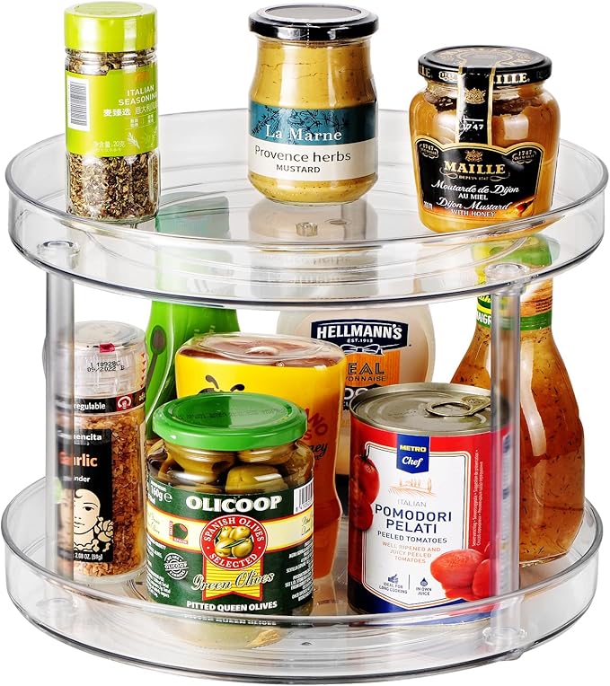 Amolliar 2 Tier 11" Lazy Susan, Rotating Turntable Organizer for Cabinet, Kitchen, Fridge, Countertop, Bathroom, Pantry Organizer Storage, Spice Spinner Rack for Condiment, Snack, Under Sink Organizer