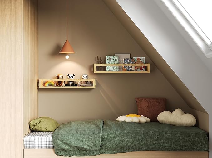 Upgraded Thick Floating Shelves - 24 Inch Multi-Use Wall-Mounted Bookshelves for Kids and Nursery, Ideal for Books, Toys, Spice Rack, Decor - Natural Wood