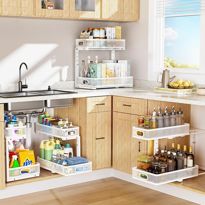 Under Sink Organizer, High Adjustable 2 Tier Under Sink Organizers and Storage, Slide Out Metal Cabinet Organizers, Pull Out Sink Storage Drawer Shelf for Kitchen Bathroom Cabinet, White, 2 Pack