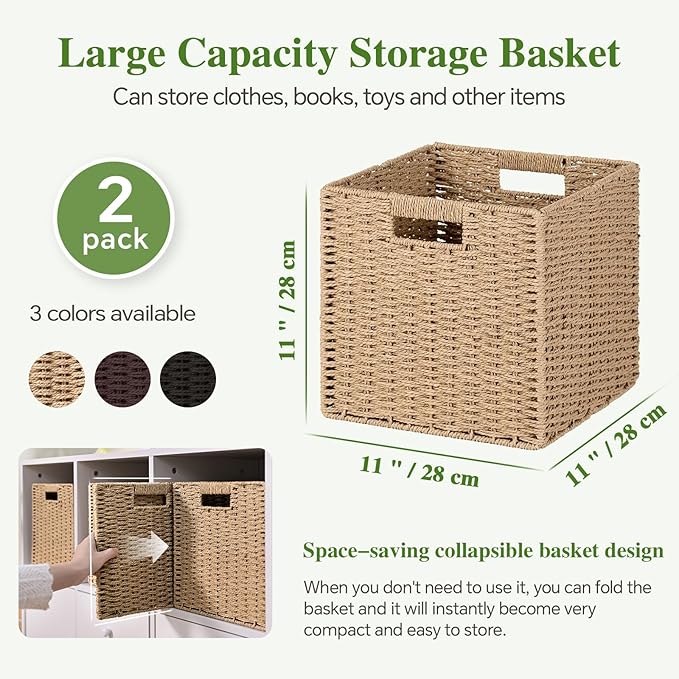 Woven Wicker Storage Baskets 2-Pack, 11x11 Handwoven Paper Rope Organizer Bins, Foldable Cube Storage Cubes with Built-in Handles for Shelves and Closet Organization(Natural Beige)