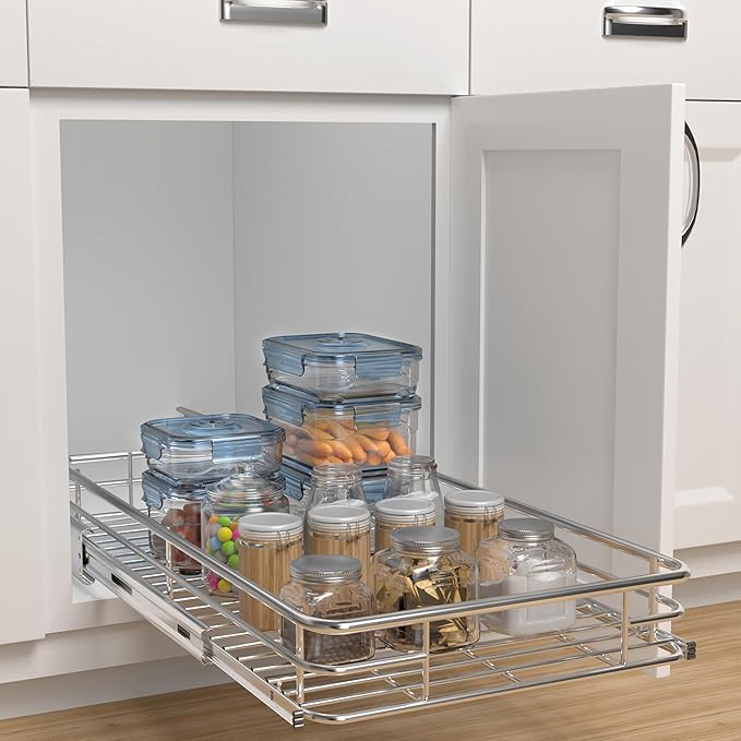 JOWBOOW Pull Out Cabinet Organizer (16.4" W x 21" D), Put Out Shelves for Kitchen Cabinets, Roll Out Drawers Heavy-Duty Metal Sliding Shelf, Bottom Mount