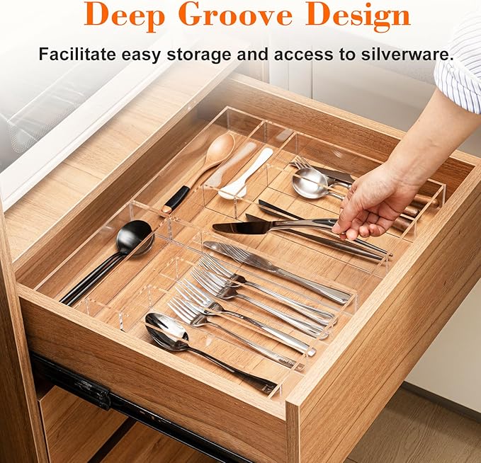 Kathfly Large Clear Expandable Silverware Drawer Organizer, Acrylic Adjustable 21.4 to 36 Inches Wide Utensil Tray for Kitchen Flatware and Cutlery Holder for Spoons Forks Knives, 13 Compartments