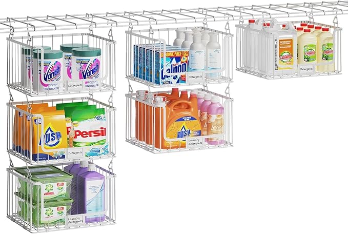 3-Pack Hanging Laundry Organizer, Stackable Wire Shelf Storage with Label Cards, Foldable Metal Baskets with 360°Rotating Hooks,Space-Saving for Laundry Room, Closet & Pantry ,11"×15" Large,White