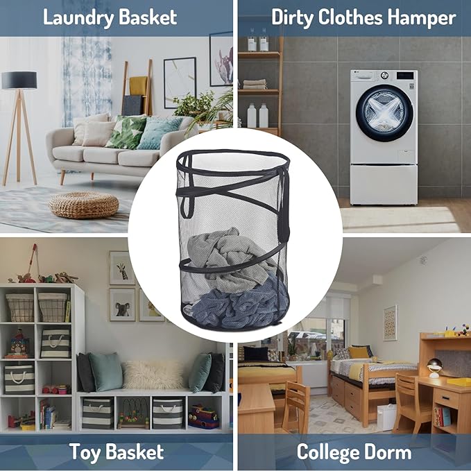2Pcs Mesh Popup Laundry Hamper 115L Extra Large Collapsible Laundry Basket Foldable Clothing Storage Basket with Handles No Lid 26 H x 18 W x 18 L (Black)