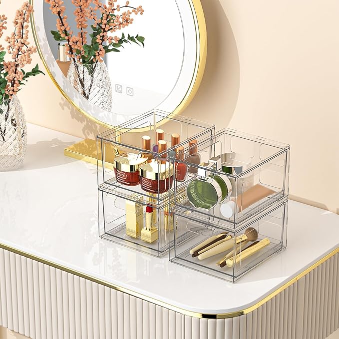 2 Pack Stackable Plastic Makeup Organizer Drawers, Acrylic Organizers, Clear Storage Bins with Pull-Out Handles for Vanity, Kitchen Cabinets, Pantry