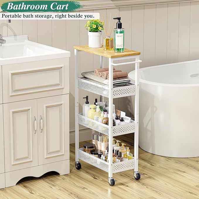 Utility Slim Storage Cart, 4-Tier Narrow Bathroom Organizers and Storage Cart, Narrow Metal Kitchen Laundry Room Organization Shelf with Wood Top, Slim Rolling Carts with Wheels for Small Space