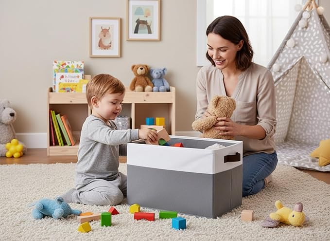 Cupic Cupid Storage Bins Closet, Fabric Closet Organizers and Storage, 4-Pack Baskets for Organizing, Large Storage Boxes with Handles for Clothes and Toys, Gray and White
