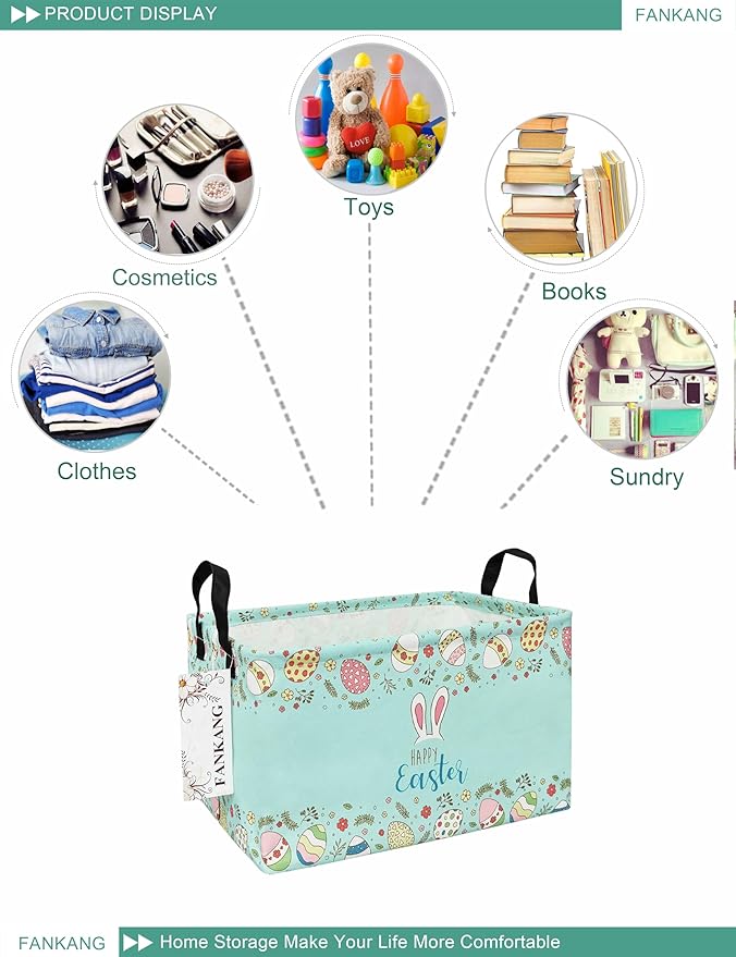 FANKANG Storage Bins, Nursery Hamper Canvas Laundry Basket Foldable with Waterproof PE Coating Large Storage Baskets for Kids Boys and Girls, Office, Bedroom, Clothes,Toys(Easter basket