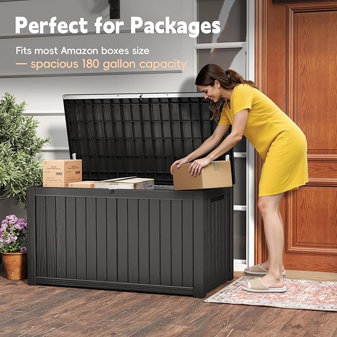 Outdoor Storage Box, 200 Gallon Waterproof Resin Deck Box, Storage Bin for Package Delivery, Patio Furniture Cushion, Garden Tools, Pool Accessories, Weatherproof and UV Resistant, Black