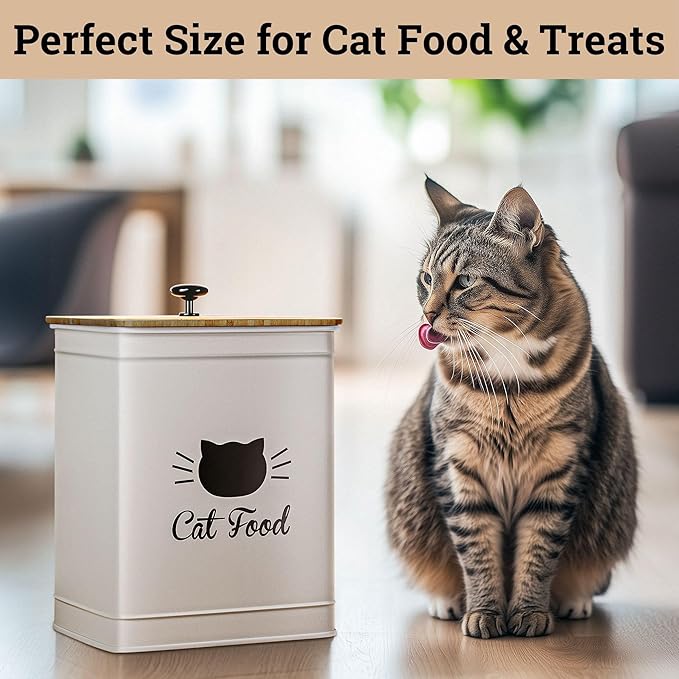Cat Food Storage Container with Scoop - 5-7 lb (25 Cup) Capacity Metal Cat Food Container with Airtight Bamboo Lid and Metal Scoop - Airtight Pet Food Storage Containers 5 lb - 7 lb Kibble Container
