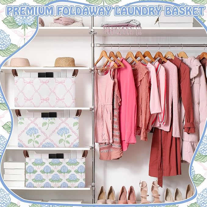 Boao 3 Pcs Watercolor Floral Storage Bin Wildflowers Collapsible Large Storage Baskets for Gifts Canvas Laundry Basket Foldable Box with Handle for Office Home Bedroom Clothes