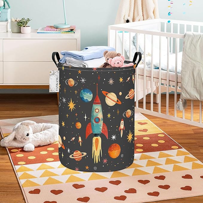 FANKANG Storage Basket, Nursery Hamper Canvas Laundry Basket Foldable with Waterproof PE Coating Large Storage Baskets for Kids Boys and Girls, Office, Bedroom, Clothes,Toys(Space rocket)